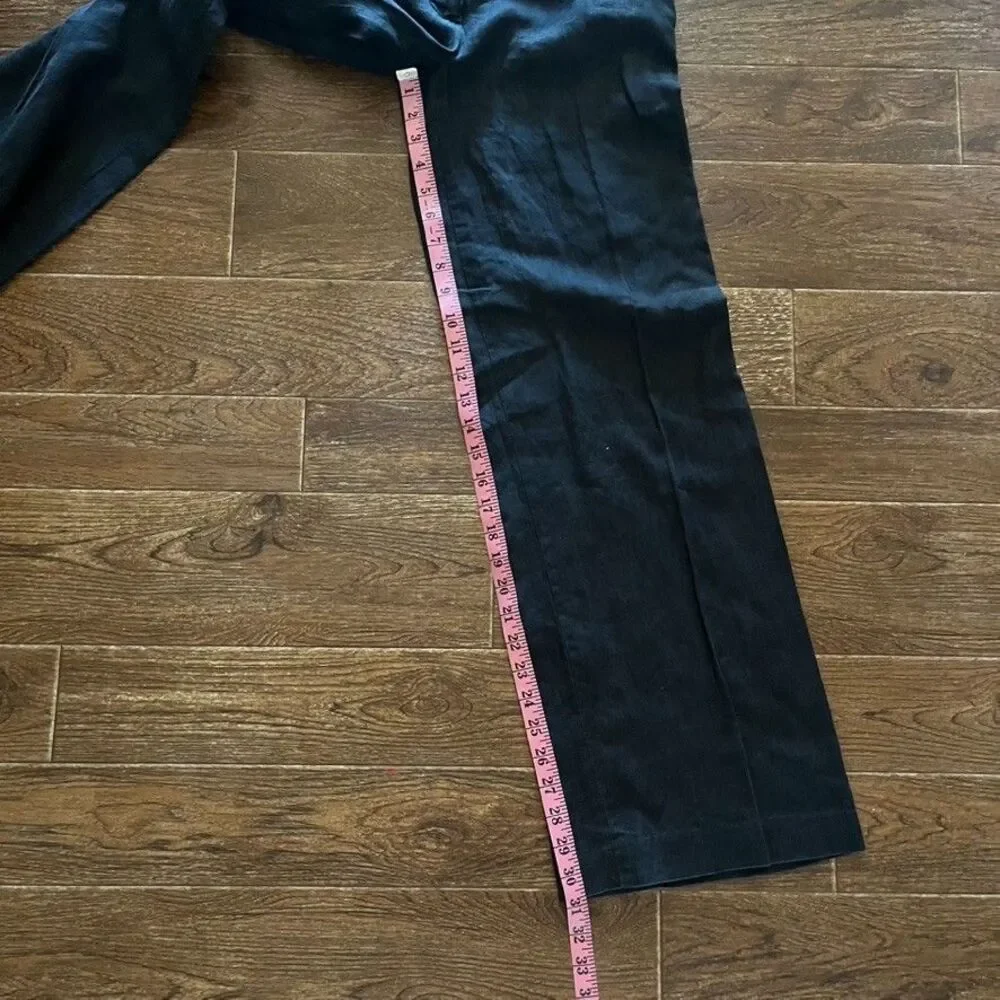 H&M 100% Linen Wide Leg Trousers Womens 6 Black Mid Rise Casual Pants